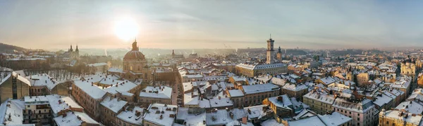 Aerial panorama view of Lviv at sunrise, Ukraine — Photo