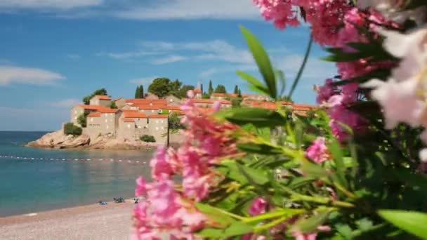 Piękna pusta plaża w pobliżu wyspy Sveti Stefan w słoneczny letni dzień w Czarnogórze — Wideo stockowe