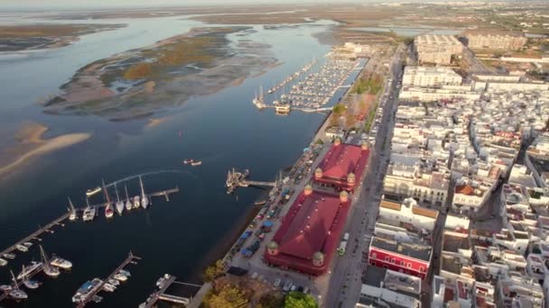 Filmato Aereo Del Drone Del Paesaggio Urbano Olhao Con Due — Video Stock