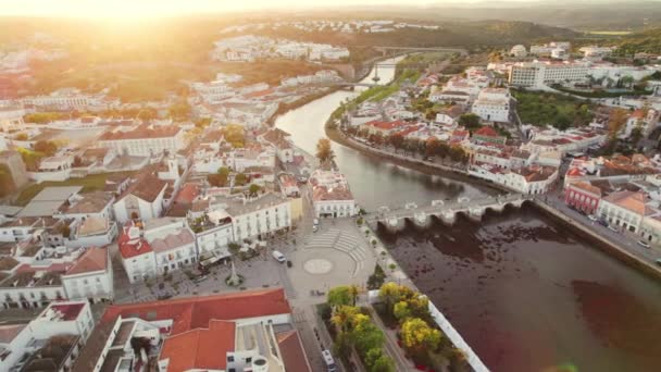 Stadscentrum Van Stad Tavira Ochtendzon Portugal Luchtfoto Van Oude Binnenstad — Stockvideo