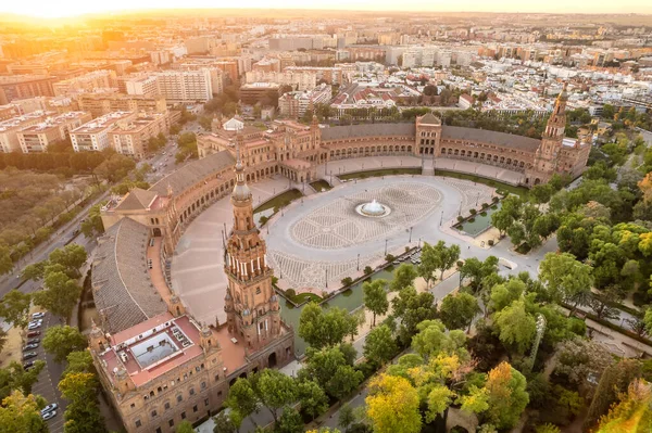 Plaza España Amanecer Sevilla España Foto Aérea Del Dron Famosa —  Fotos de Stock