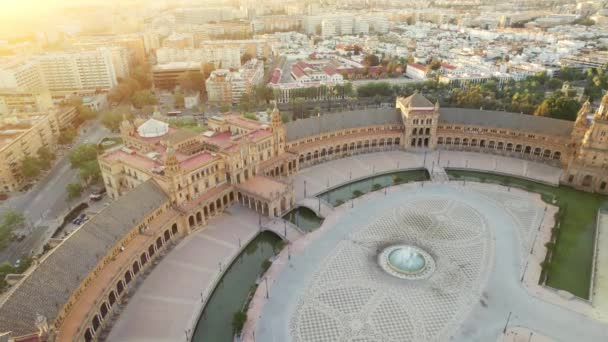 Flying Plaza Espana Sunrise Seville Spain Revealing Aerial Shot Famous — Stock Video