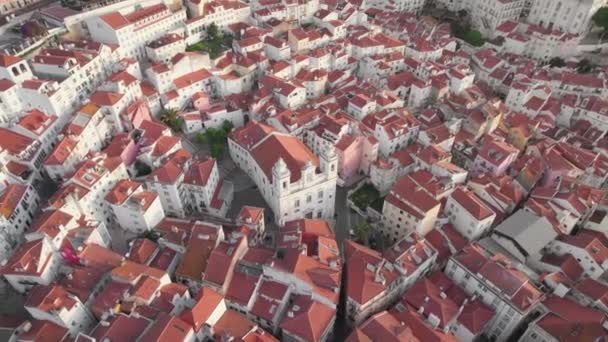 Luchtfoto Van Lissabon Centrum Bij Zonsopgang Portugal Drone Beelden Van — Stockvideo