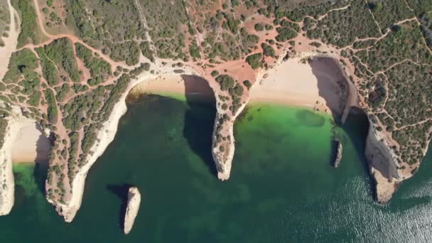 Aerial Top View Wild Coast Small Paradise Beaches Algarve Region — 图库视频影像