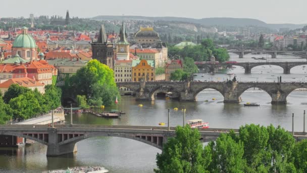 Prague Cityscape Summer Prague Old Town Charles Bridge Vltava River — Stok video