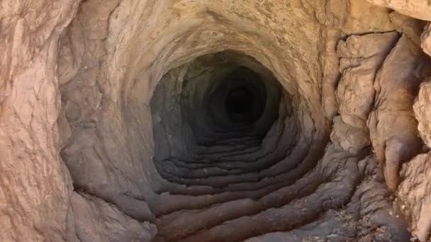 Pov Moving Artificial Underground Tunnel Steps Dark Spooky Cave Deep — Stockvideo