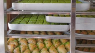 Traditional Turkish dessert Baklava close-up in the local Baklava shop in Gaziantep, Turkey. Trays of delicious baklava display in showcase of baklavalari cafe. Slow steadicam pedestal down shot