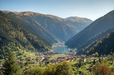 Aerial view of the Uzungol resort town in Trabzon province, Eastern Turkey. Mountain lake in autumn valley in Uzun Gol, Karadeniz.