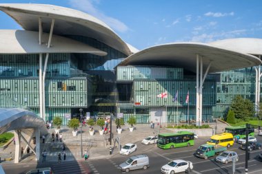 Tbilisi, Georgia - August 30, 2021: House of Justice Public Service Hall building in Tbilisi. Modern glass building into the center of Georgian capital city