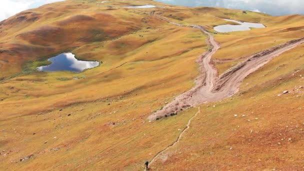 Aerial Drone View Koruldi Lakes Svaneti Region Georgia Climber Hiking — Stockvideo