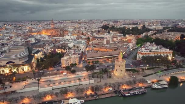 Seville Old Town Torre Del Oro Tower Cathedral Other Historic — Stockvideo