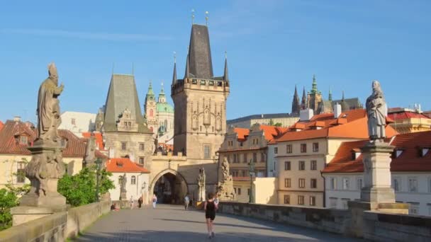 Prag Çek Cumhuriyeti Haziran 2022 Tarihi Heykelleri Olan Charles Köprüsü — Stok video