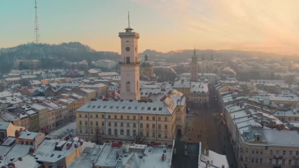 Вид Львовского Городского Пейзажа Воздушного Беспилотника Зимой Западная Украина Львов — стоковое видео