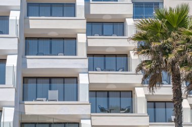 Yarışmacı beş yıldızlı lüks otelin dışı. Ön planda palmiye ağaçları olan pencereler ve balkonlar. Tropik lüks tatil konsepti