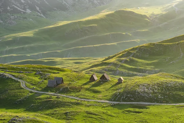 Landscape Sheperd Houses Flock Sheeps Grazing Durmitor Mountains Montenegro Herd — Stock Photo, Image