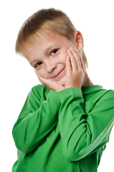 Porträt eines fröhlichen, schönen kleinen Jungen, isoliert auf weißem Grund — Stockfoto