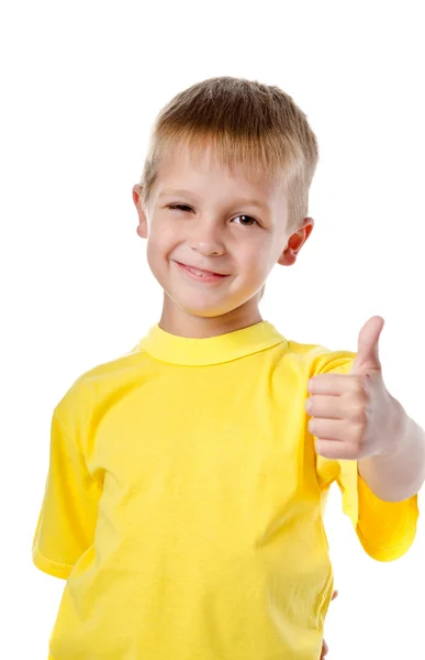 Retrato de niño hermoso dándote el pulgar arriba sobre blanco — Foto de Stock