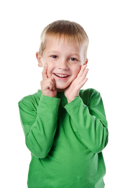 Portrait of happy joyful beautiful little boy isolated on white — Stock Photo, Image