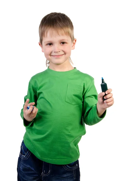 Portrait of a pensive little boy with a blue marker, isolated on — Stock Photo, Image