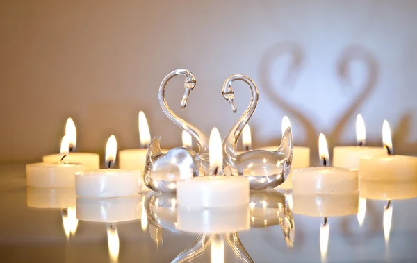 Свечи в форме сердца с лебедями — стоковое фото
