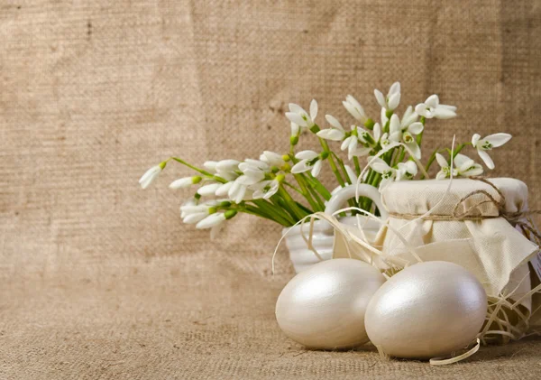 Easter eggs and snowdrops — Stock Photo, Image