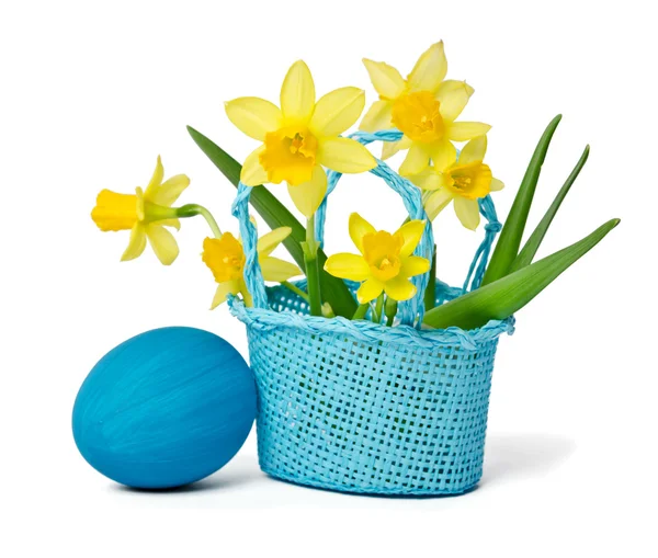 Easter eggs and daffodils in a basket — Stock Photo, Image