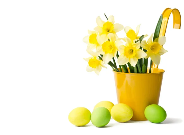 Пасхальные яйца и нарциссы в желтом цветочном горшке — стоковое фото
