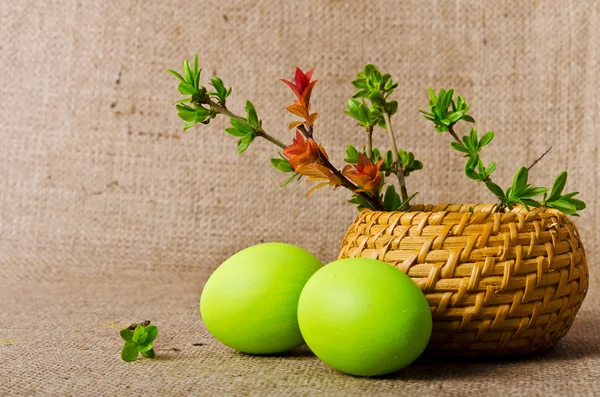 Spring branches in the basket and Easter eggs on burlap backgrou — Stock Photo, Image