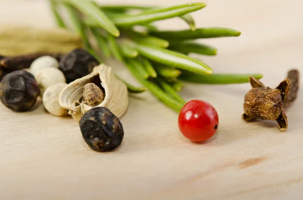 Fragrant scented natural spices with a sprig of rosemary on the — Stock Photo, Image