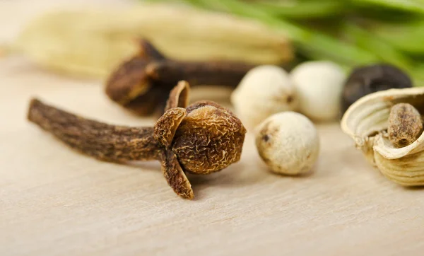 Fragrant scented natural spices with a sprig of rosemary on the — Stock Photo, Image