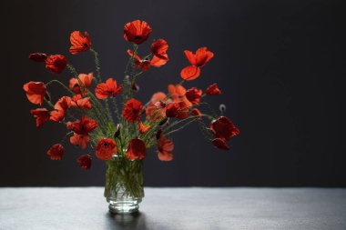 Bir buket haşhaş. Siyah bir taş yüzeyde gölgeler.