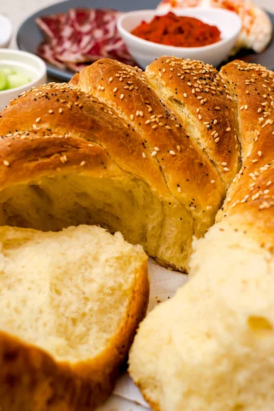 Freshly Baked Homemade Bread Sprinkled Sesame Seeds — Stock Photo, Image