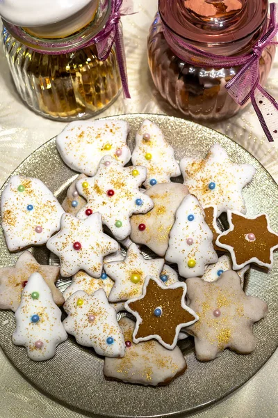 Close View Plate Tasty Christmas Cookies Wooden Table — Stock Photo, Image