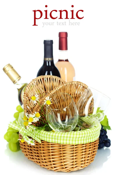 Cesta de picnic con vino y uva — Foto de Stock