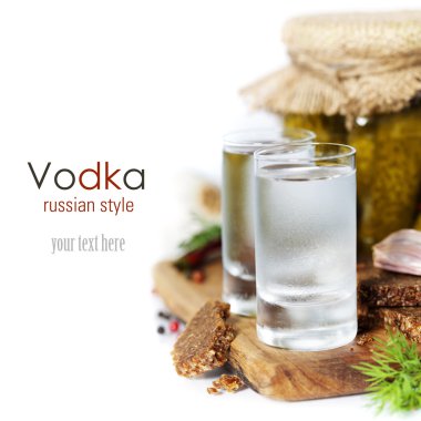 Russian vodka with traditional black bread and pickles clipart
