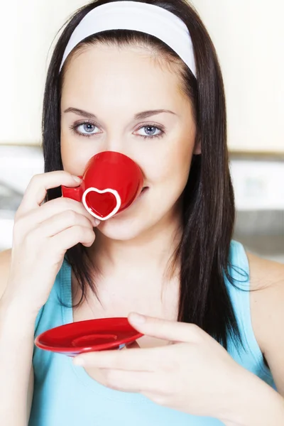 Woman drinking morning coffee - St. Valentine Day concept — Stock Photo, Image