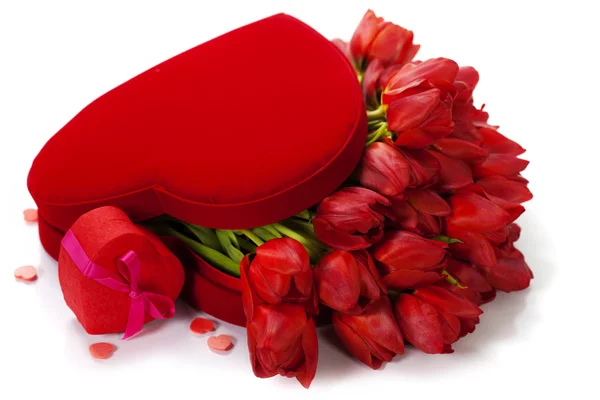 Valentine composition with red tulips — Stock Photo, Image