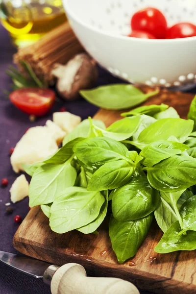 Albahaca fresca e ingredientes — Foto de Stock