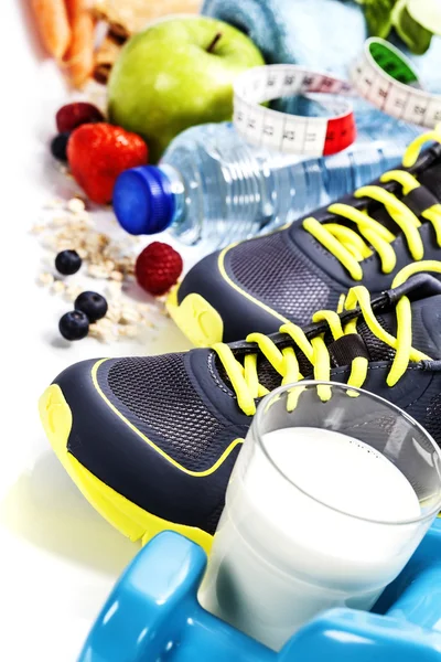 Different tools for sport and healthy food — Stock Photo, Image