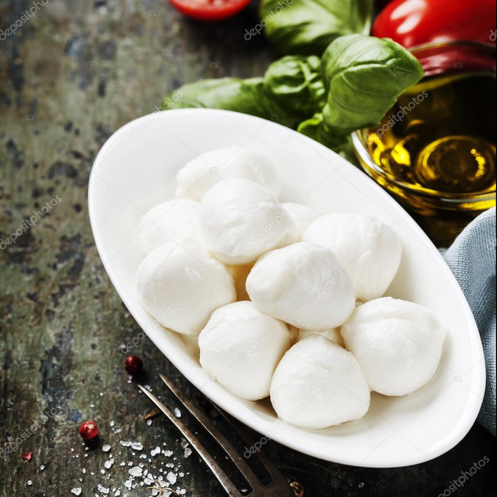 Mozzarella with tomatos and basil leaves 
