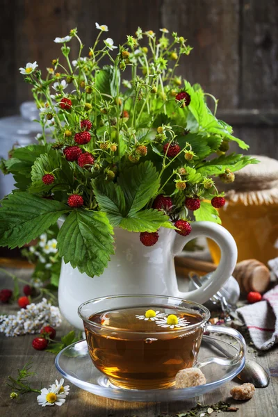Boeket van wilde aardbei met kruiden thee en honing — Stockfoto