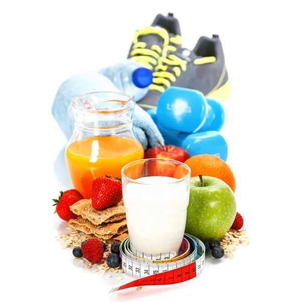 Różne narzędzia dla sportu i zdrowej żywności — Zdjęcie stockowe