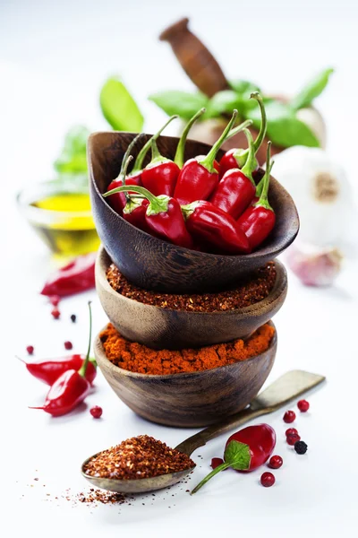Chilipepertjes met kruiden en specerijen — Stockfoto