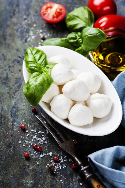 Mozzarella with tomatos and basil leaves — Stock Photo, Image