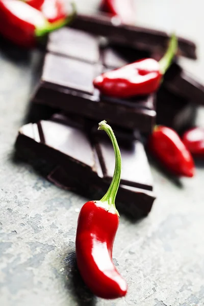 Dark chocolate with chilli pepper - sweet food — Stock Photo, Image