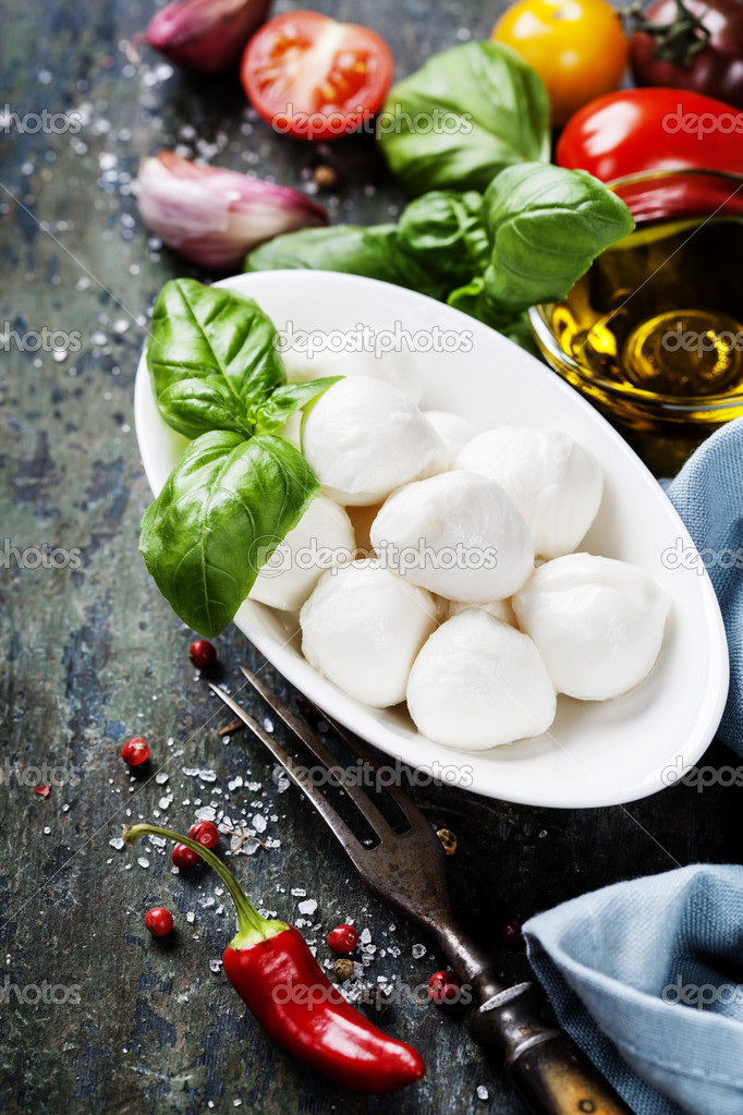 Mozzarella with tomatos and basil leaves 