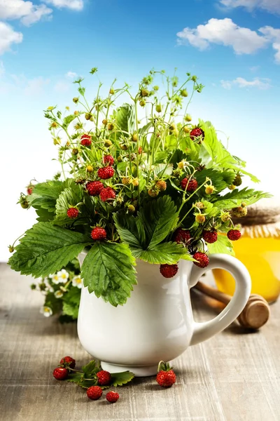 Bouquet of wild strawberry with herbal tea and honey — Stock Photo, Image