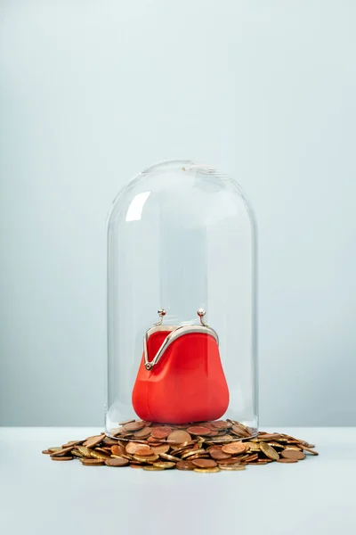Monedero abierto de monedas rojas en cúpula de vidrio sobre una pila de monedas de euros sobre fondo azul — Foto de Stock