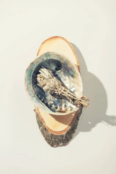 ホワイトセージスマッジスティックでアワビの貝殻,トップビュー — ストック写真