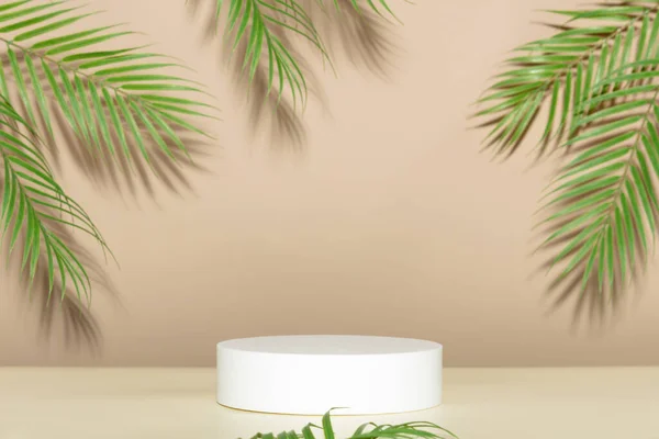 Abstrakcyjne puste białe podium z liśćmi palmy na beżowym tle — Zdjęcie stockowe